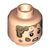 Lego Minifig Head Lex Murphy, Eyelashes, Mud, Scared / Smile Print / Light Nougat