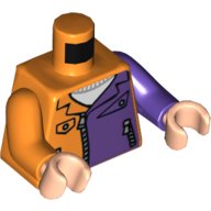 Lego Torso, Odd Arms, Jacket with Dark Purple Half Panel, Pockets and Zippers Print, Left Dark Purple Arm, Right Orange Arm, Light Nougat Hands / Orange