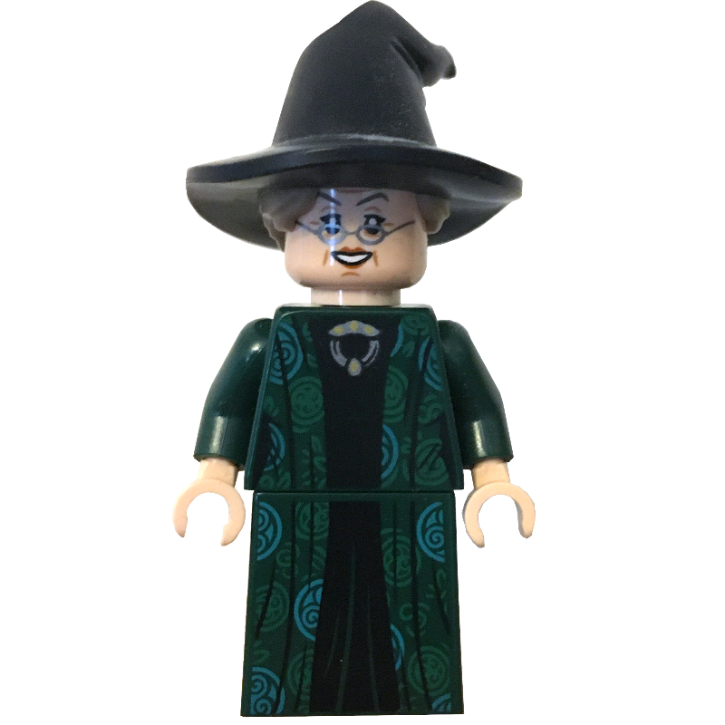 Lego Professor Minerva McGonagall, Dark Green Robe, Black Hat with Dark Tan Hair, Azure Circle Symbols