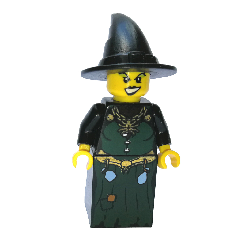 Lego Witch, Dark Green Dress with Spider Necklace and Bottles, Black Hat