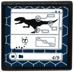 Lego Road Sign 2 x 2 Square with Open O Clip with Indominus rex Silhouette, DNA Double Helix and '4/9' on Computer Screen Pattern (Sticker) - Set 75919