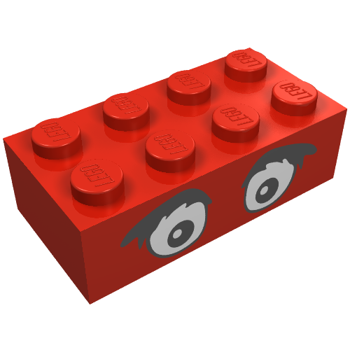 Lego Brick 2 x 4 with Eyes and Bushy Eyebrows Print / Red