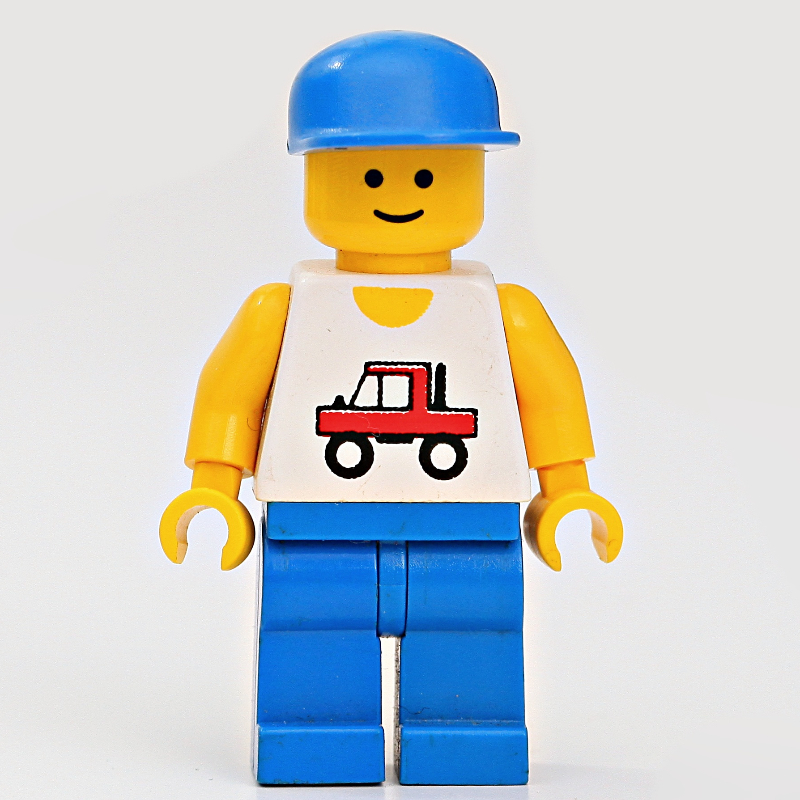 Lego Man, White Vest with Truck, Blue Legs, Blue Cap (3626a Head)