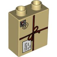 Lego Duplo Brick 1 x 2 x 2 with Tied Parcel and Postmark Print / Tan