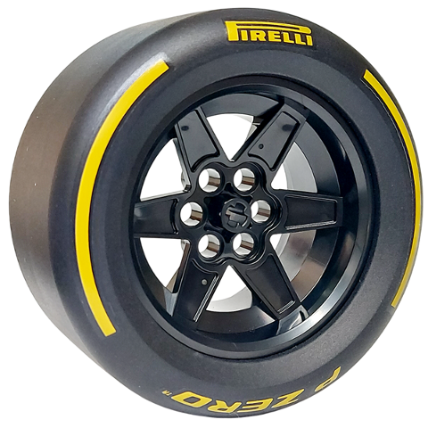Lego Wheel 56mm D. x 34mm Technic Racing Medium, 6 Pin Holes with Black Tire 81.6mm D. x 44mm Smooth with Yellow 'PIRELLI', 'P ZERO' and Arcs Pattern (15038 / 4410pb02)
