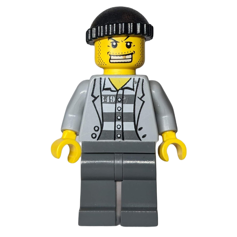 Lego Criminal, Open Light Bluish Gray Jacket over Prison Shirt, Black Hat, Gold Tooth