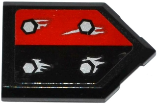 Lego Tile, Modified 2 x 3 Pentagonal with 4 Silver Bolts and Corrosion on Black / Red Halves Pattern (Sticker) - Set 70316