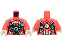 Torso Female Dress with Black '10', White Trim, Dark Turquoise and Metallic Light Blue Squares, Power Button Logo Pattern / Coral Arms / White Hands