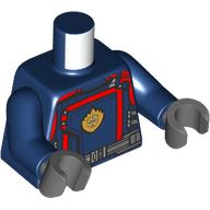 Lego Torso, Armor, Red Lining, Flame Symbol, Silver Belt print, Dark Blue Arms, Dark Bluish Gray Hands / Dark Blue