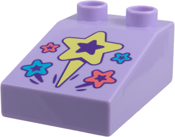 Lego Duplo, Brick 3 x 2 Slope 33 with Coral, Dark Azure, and Bright Light Yellow Shooting Stars with Dark Purple Centers, Trails, and Outlines Pattern