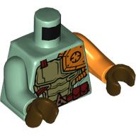 Lego Torso, Odd Arms, Armor with Orange Shoulder Plate, and Belt with Pouches Print, Left Orange Arm, Right Sand Green Arm, Dark Brown Hands / Sand Green