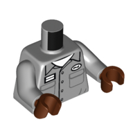 Lego Torso, Shirt, Buttons, White Name Tag, White Shirt print, Light Bluish Gray Arms, Reddish Brown Hands / Light Bluish Gray