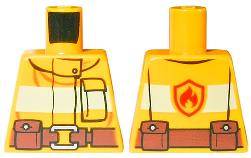 Lego Torso Fire Suit with Stripe and Brown Utility Belt and Fire Logo on Back Pattern