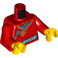 Lego Torso Traditional Chinese Robe, Gold/Medium Azure Trim, Sash print, Red Arms, Yellow Hands / Red