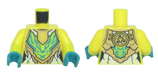 Lego Torso Female Armor with White, Gold, and Dark Turquoise Geometric Pattern / Neon Yellow Arms / Dark Turquoise Hands