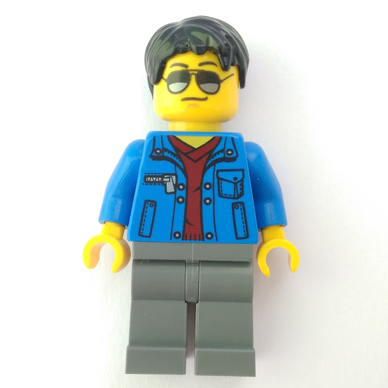 Lego Man, Open Blue Jacket over Dark Red Shirt, Light Bluish Gray Legs, Black Hair, Sunglasses