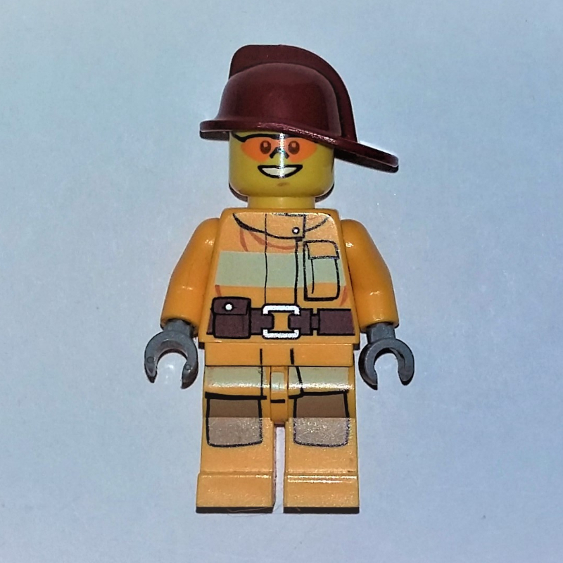 Lego Fireman, Bright Light Orange Fire Suit, Dark Red Helmet, Orange Sunglasses