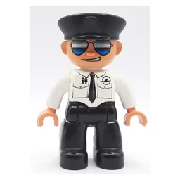 Duplo Figure with Police Style Hat Black, with White Top with Airplane Logo and Black Tie, Sunglasses, Black Legs / White