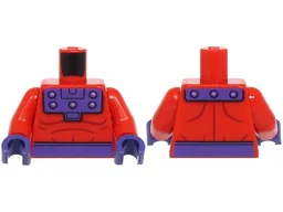 Torso Super Hero Costume with Dark Red Muscles Outline, Dark Purple Belt and Collar with Medium Lavender Rivets Pattern / Red Arms / Dark Purple Hands