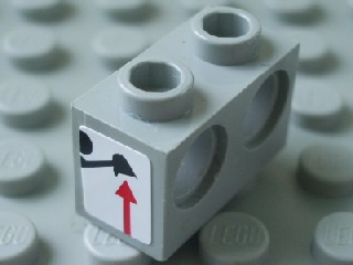 Lego Technic, Brick 1 x 2 with Holes with Black Digger Bucket and Red Arrow Up on White Background Pattern (Sticker) - Set 8459