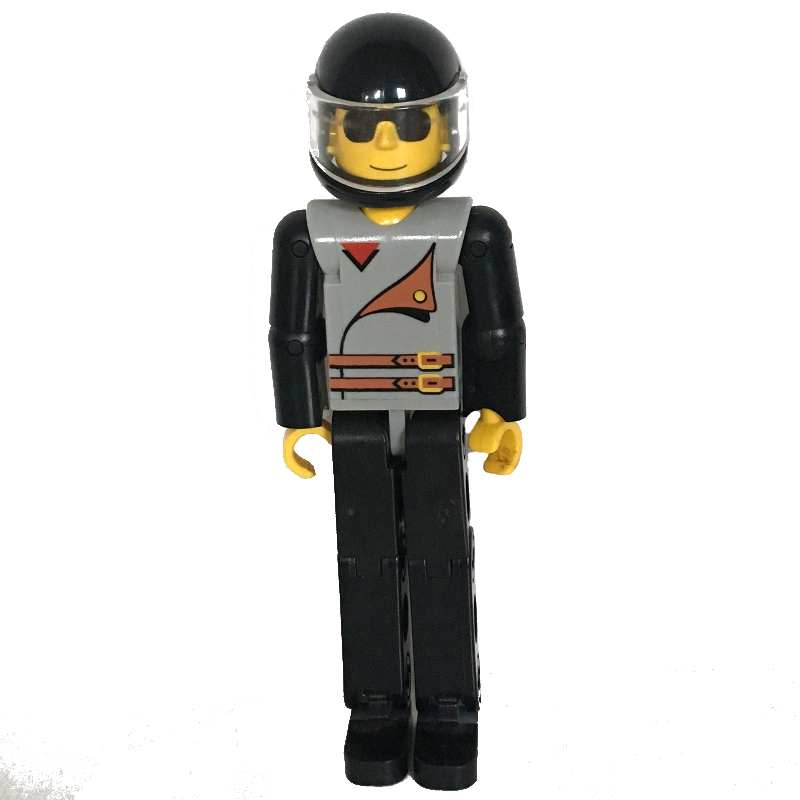 Lego Technic Figure Black Legs, Light Gray Top with 2 Brown Belts, Black Arms - Black Helmet