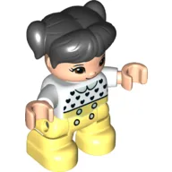 Duplo Figure Child with Ponytails and Bangs Black, with Light Nougat Face and Hands, Bright Light Yellow Legs, Black Heart, Light Green Collar Print / White