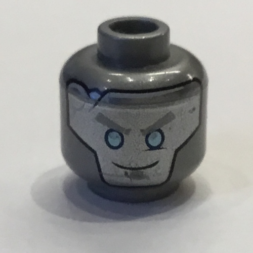 Lego Minifig Head Zane, Blue Robot Eyes, Gray Eyebrows and Crack, Circles on Back Print [Hollow Stud] / Flat Silver