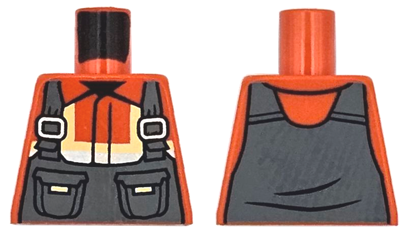 Lego Torso Dark Bluish Gray Overalls with Pockets over Safety Jacket with Bright Light Yellow and Silver Reflective Stripes Pattern