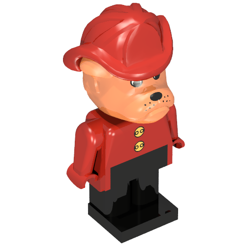 Lego Fabuland Figure Barty Bulldog with Brown Head, Red Torso with Gold Buttons, Red Arms and Hands, Black Legs and Red Fireman Helmet / Red