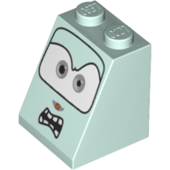Lego Brick Sloped 65° 2 x 2 x 2 with Bottom Tube and Eyes, Light Gray and Angry Mouth with Teeth Print / Light Aqua