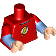Lego Torso, Dual Molded Arms, Shirt with Yellow Lightning Bolt, Flash Symbol Print, Red Sleeves Pattern, Medium Blue Arms, Light Nougat Hands / Red