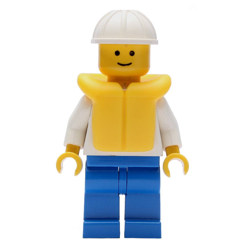 Lego Boat Worker, White Shirt with Anchor, Blue Legs, White Hard Hat, Yellow Life Vest