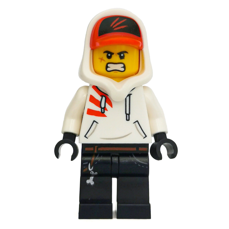Lego Jack Davids, White Hoodie with Hood and Red Cap, Angry / Smile