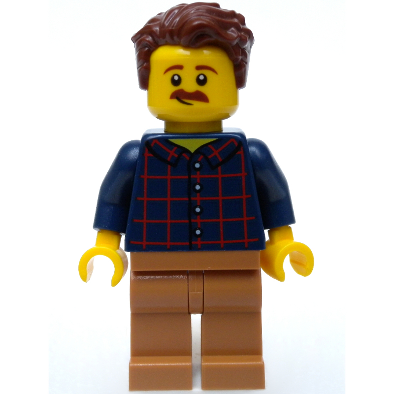 Lego Man, Dark Blue Plaid Shirt, Medium Nougat Legs, Moustache
