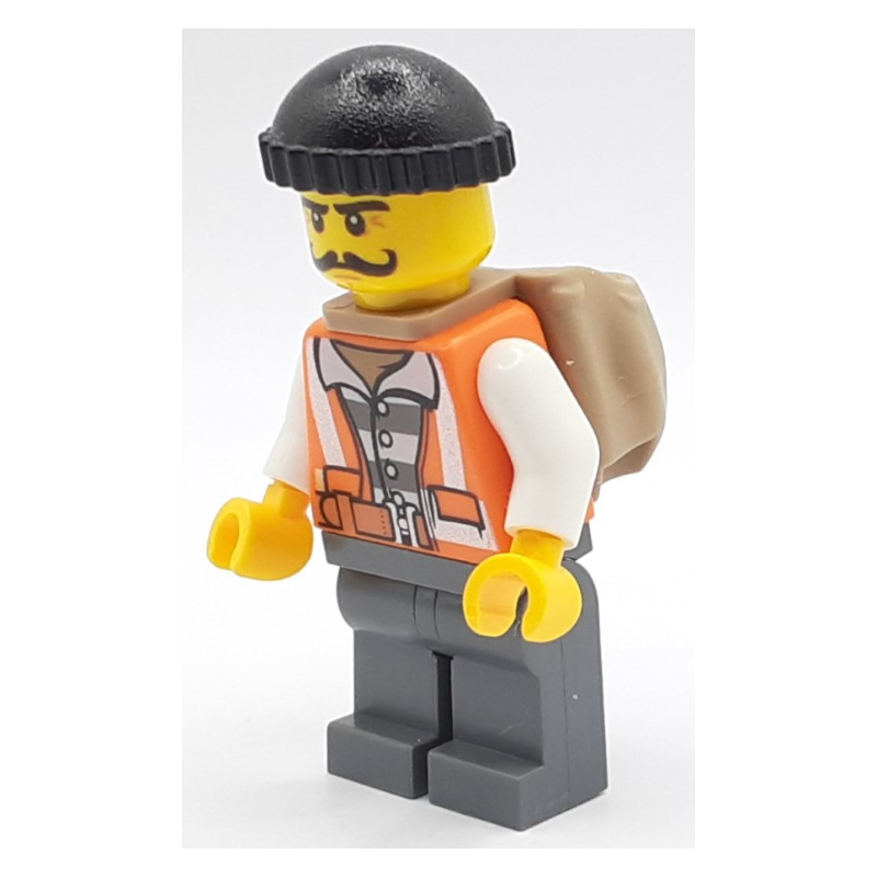 Lego Criminal, Open Orange Safety Vest Over Prison Shirt, Black Hat, Moustache