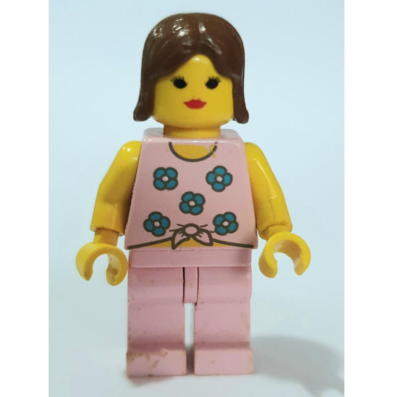 Lego Woman, Tied Pink Tank Top with Flowers, Pink Legs, Brown Hair