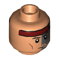 Lego Minifig Head Hunter, Red Headband, Dark Bluish Gray Left Side, Serious, Open Mouth / Closed Mouth Print / Nougat