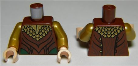 Lego Torso LotR Gold Ruffled Shirt, Reddish Brown Layered Pattern / Pearl Gold Arms / Light Nougat Hands