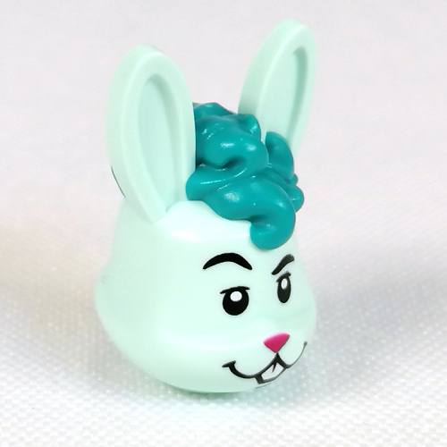 Lego Minifig Head Special, Bunny Dancer, Dark Pink Nose, Dark Turquoise Hair Print / Light Aqua