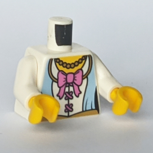 Lego Torso Jacket, White Shirt, Dark Pink Bow / 2013 The LEGO Store Des Peres, MO Back Print, White Arms, Yellow Hands / White
