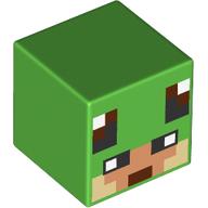 Lego Minifig Head Special, Cube with Pixelated Nougat and Tan Face, Turtle Eyes at Top Print / Bright Green