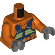 Lego Torso, Dark Blue Overall, Neon Green/Silver Safety Stripes, Wolen Sweater print, Reddish Orange Arms, Dark Bluish Gray Hands / Reddish Orange