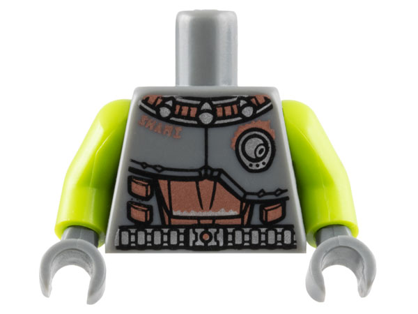 Lego Torso Space Armor with Copper Abdomen and 'SHAMI', Silver Belt and Air Vent Pattern / Lime Arms / Dark Bluish Gray Hands