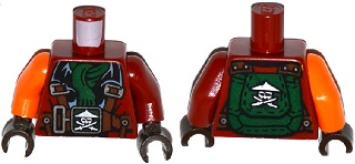 Lego Torso Ninjago Parachute with Straps, Ninja Skull with Crossed Swords, Green Scarf Pattern / Dark Red Arm Left / Orange Arm Right / Dark Brown Hands
