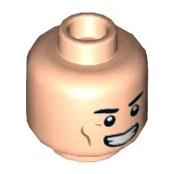 Minifig Head Shazam, Thick Eyebrows, Cheeklines, Smile / Metallic Blue Lightning Bolt Eyes Print / Light Nougat