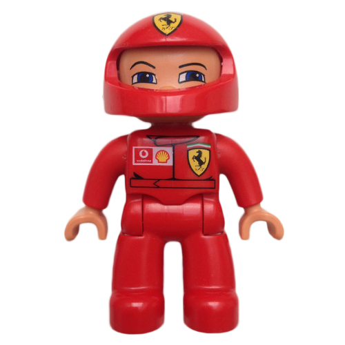 Lego Duplo Figure with Helmet, Red Legs, Nougat Hands, Ferrari, Vodaphone, and Shell Logos Print / Red