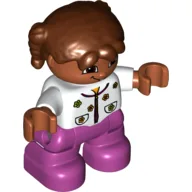 Duplo Figure Child with Pigtails Reddish Brown, with Magenta Legs, and Shirt with Flowers Print / White