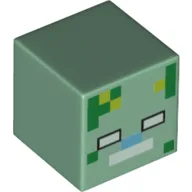 Minifig Head Special, Cube with Pixelated Zombie Print / Sand Green