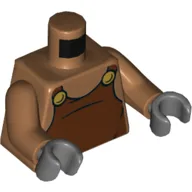 Torso, Overalls, Reddish Brown with Two Yellow Buttons Print, Medium Nougat Arms, Dark Bluish Gray Hands / Medium Nougat