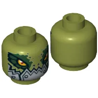 Minifig Head Crokenburg, Crocodile with Dark Green Rimmed Eyes, Metallic Silver Plates with Rivets Lower Jaw Print [Hollow Stud] / Olive Green